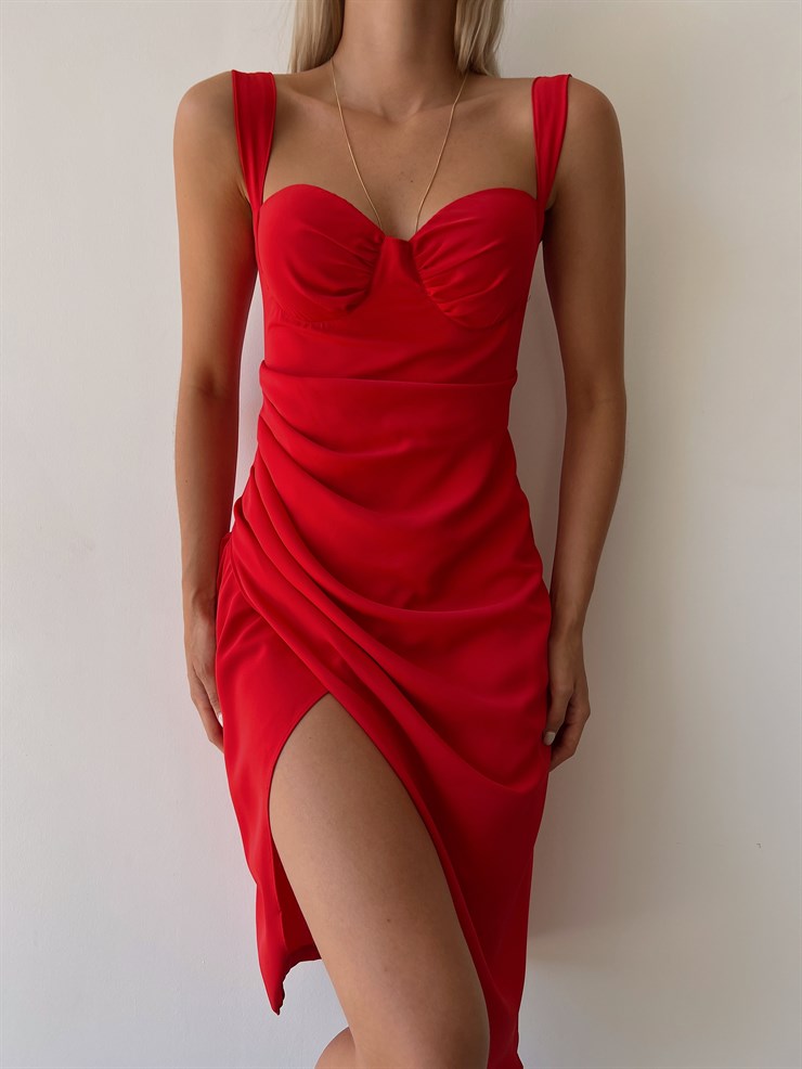 Drapeli Kalın Askı Eteği Kruvaze Paolina Kadın Kırmızı Elbise 22K000535