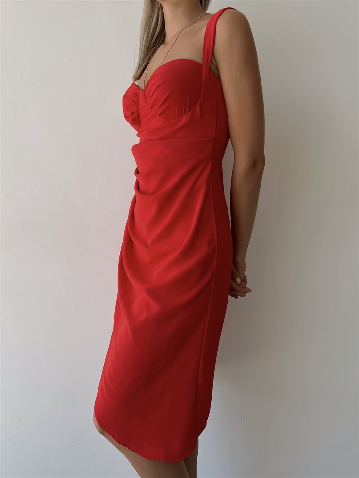 Drapeli Kalın Askı Eteği Kruvaze Paolina Kadın Kırmızı Elbise 22K000535