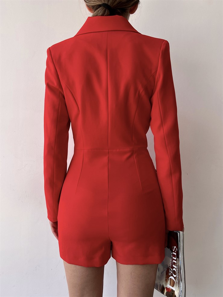 Düğme Ve Cep Arası Zincir Detaylı Kruvaze Korbin Kadın Kırmızı Ceket Tulum 22Y000225