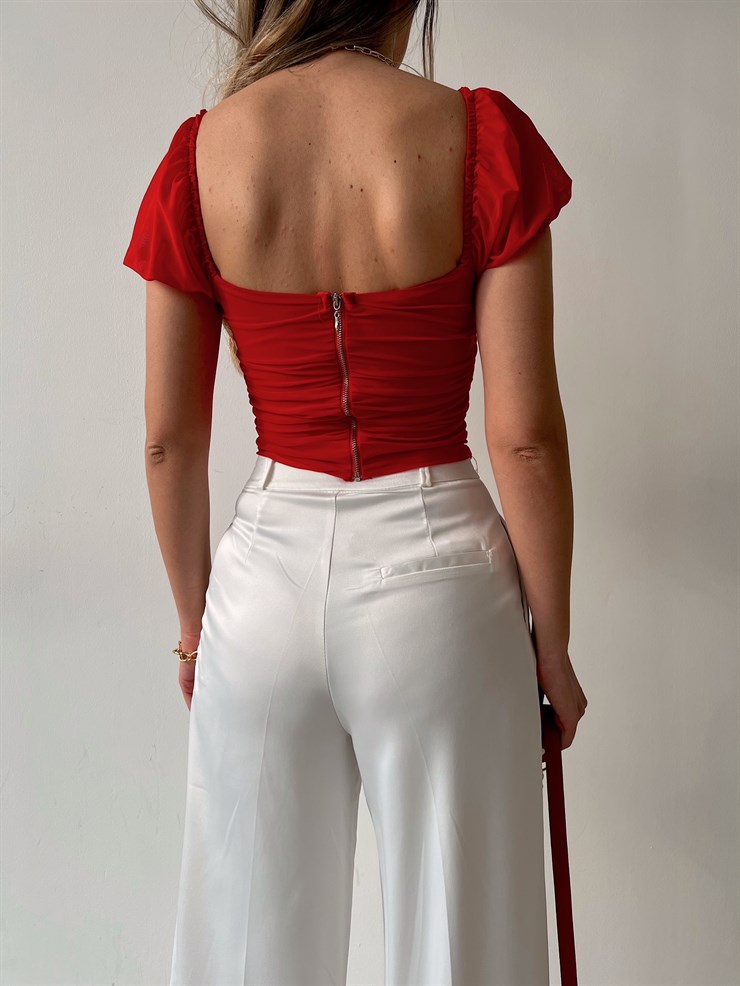 Düşük Omuz Drape Detaylı Tül Kadın Kırmızı Crop Bluz 21Y000525