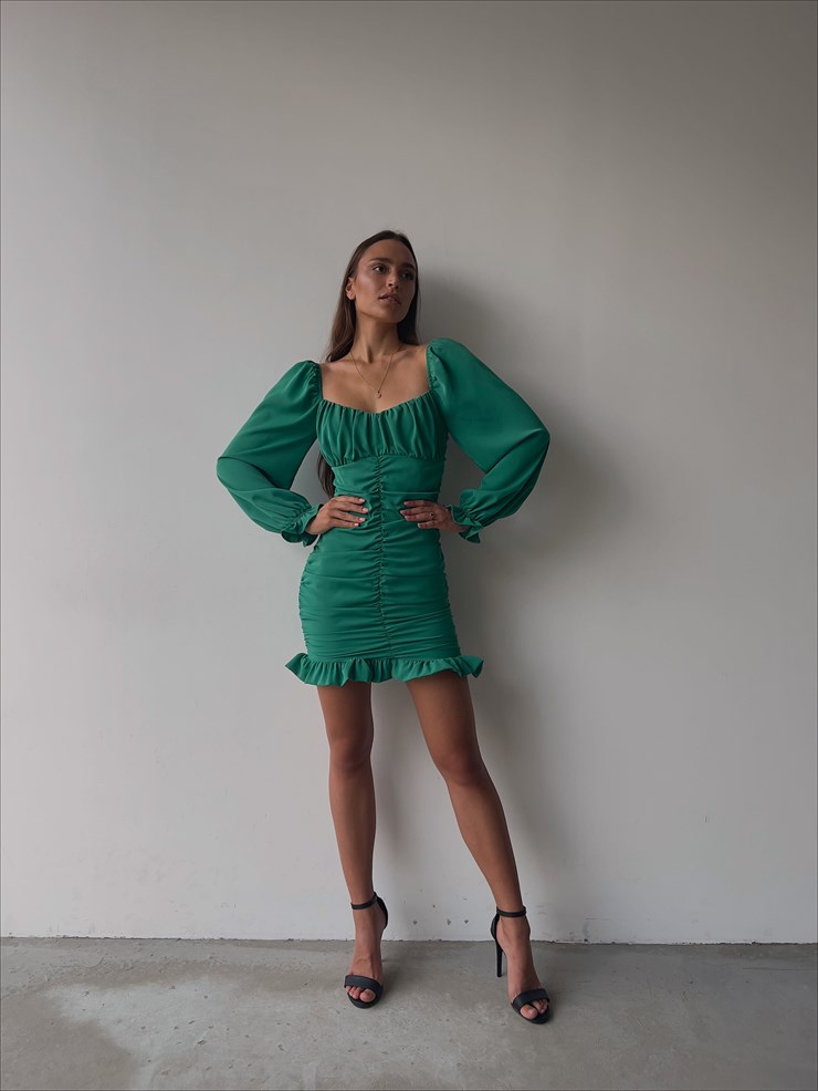 Etek Kısmı Volanlı Drapeli Camila Kadın Yeşil Mini Elbise 22K000196