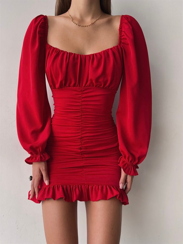 Etek Kısmı Volanlı Drapeli Camila Kadın Kırmızı Mini Elbise 22K000196