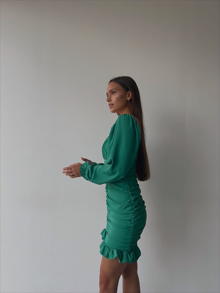 Etek Kısmı Volanlı Drapeli Camila Kadın Yeşil Mini Elbise 22K000196