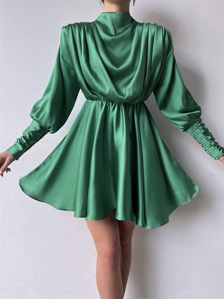 Geniş Manşet Dökümlü Yaka Lastik Bel Feliciano Kadın Yeşil Elbise 22K000070