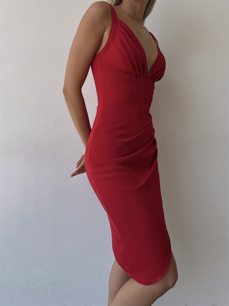 Göğüs Dekolteli Drapeli Mini Korse Aleah Kadın Kırmızı Elbise 22K000544