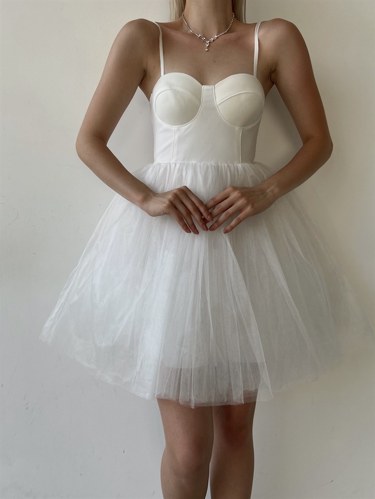 Göğüs Kuplu Mini Tütü Etekli Natale Kadın Beyaz Tül Elbise 22Y000308