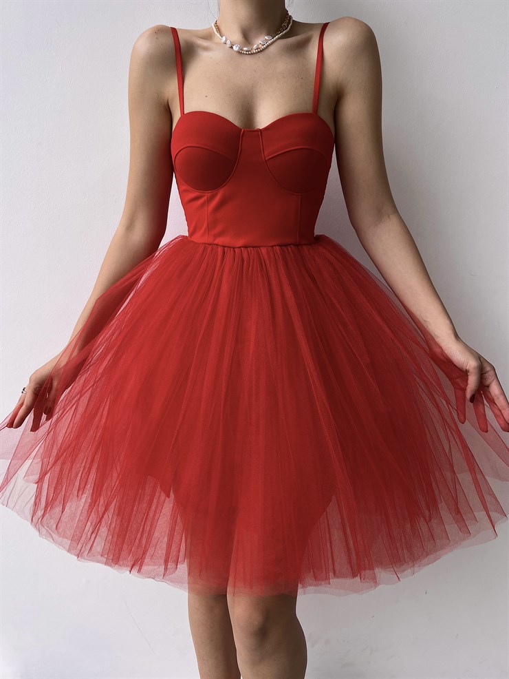 Göğüs Kuplu Mini Tütü Etekli Natale Kadın Kırmızı Tül Elbise 22Y000308