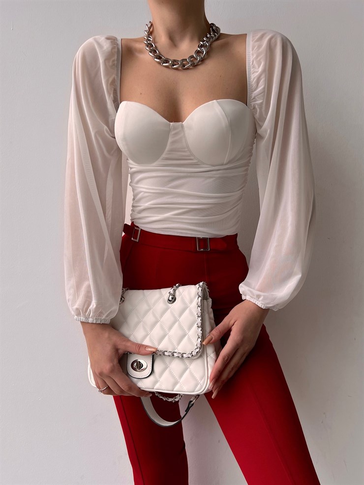 Göğüsü Kuplu Balon Tül Kol Büzgülü Brandy Kadın Beyaz Bodysuit 22Y000021