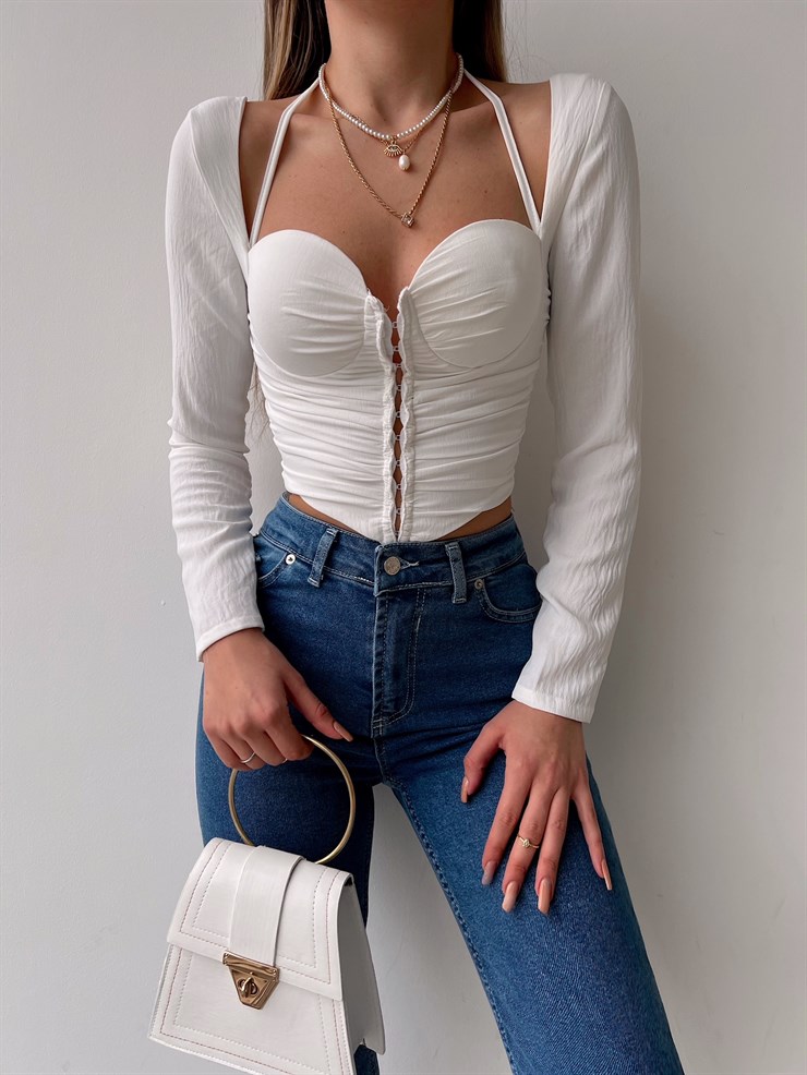Göğüsü Kuplu Önden Agraflı Drapeli Carissa Kadın Beyaz Bluz 22K000616