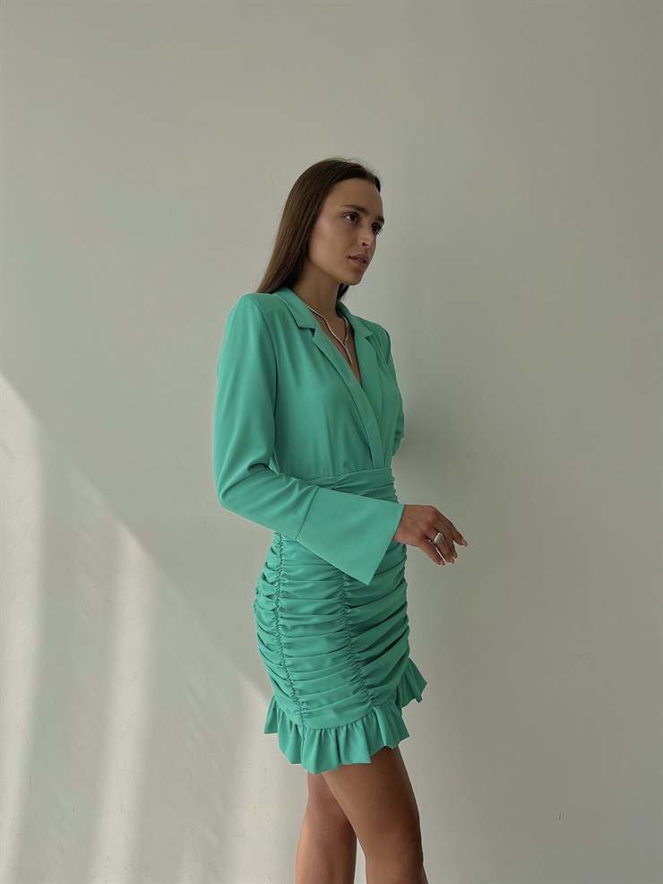 Gömlek Yaka Eteği Fırfırlı Drapeli Hazel Kadın Mint Renk Mini Elbise 22Y000065