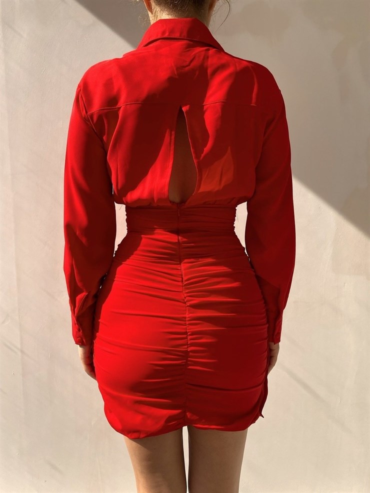Gömlek Yaka Eteği Fırfırlı Jully Kadın Kırmızı Mini Elbise 22K000001