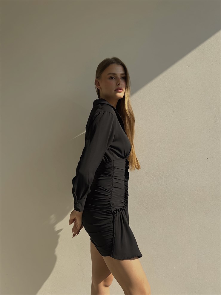 Gömlek Yaka Eteği Fırfırlı Jully Kadın Siyah Mini Elbise 22K000001