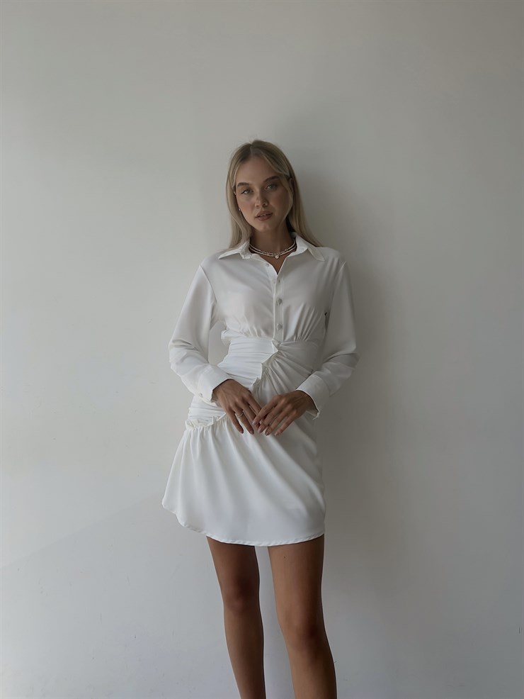 Gömlek Yaka Eteği Fırfırlı Jully Kadın Beyaz Mini Elbise 22K000001