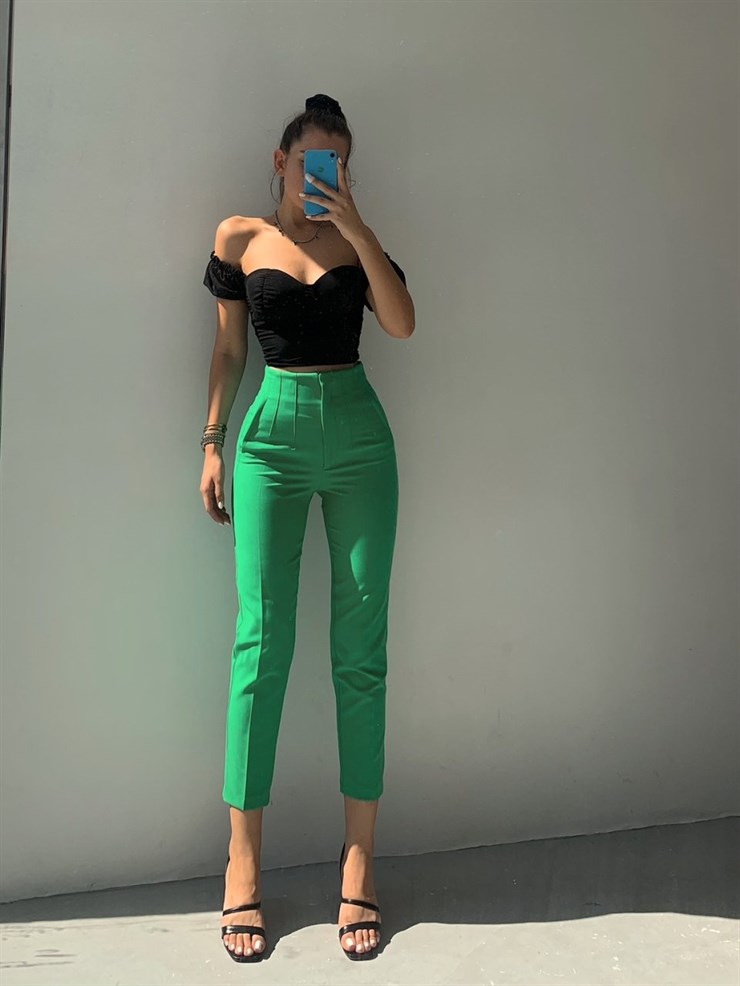 Havuç Model Dekoratif Pensli Yüksek Bel Kadın Yeşil Pantolon 21K000071