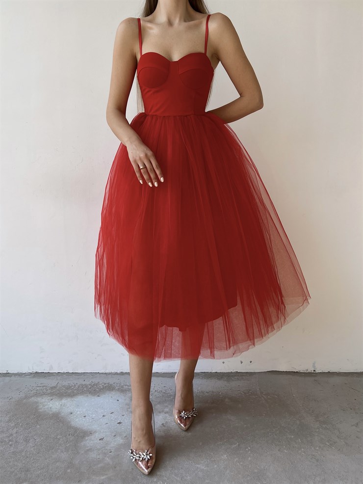 İnce Askılı Eteği Kabarık Tül Angel Kadın Kırmızı Midi Elbise 22K000612