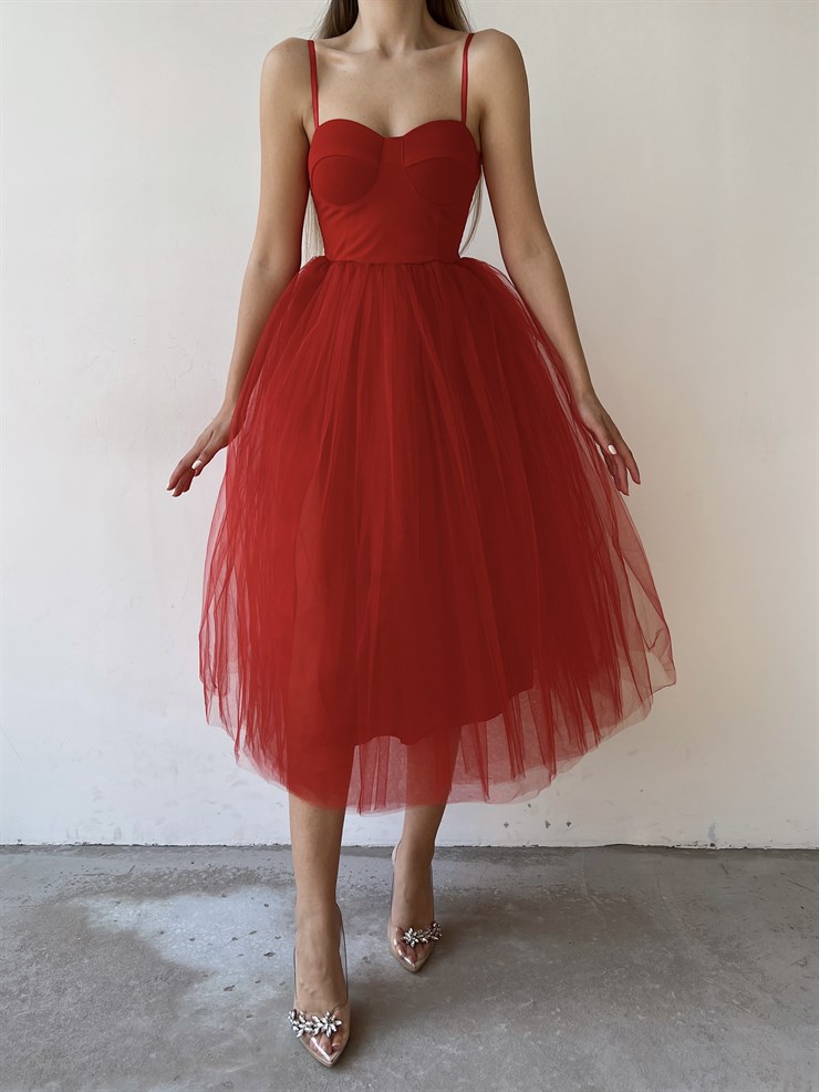İnce Askılı Eteği Kabarık Tül Angel Kadın Kırmızı Midi Elbise 22K000612