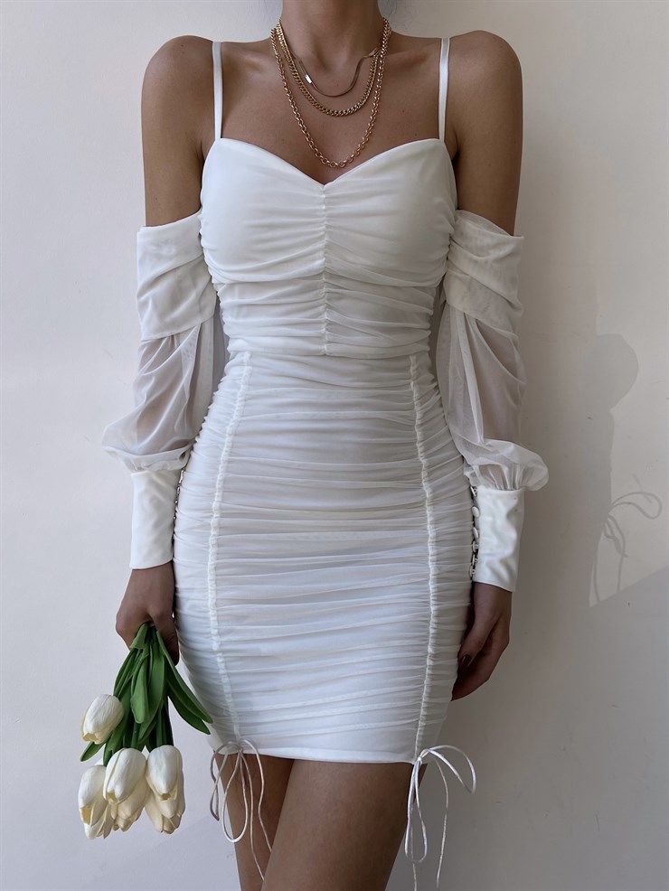 Ince Askılı Takma Kol Görünümlü Drapeli Nadia Kadın Beyaz Elbise 22Y000255
