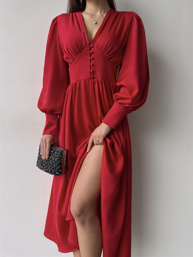 Kiloş Balon Kol Beli Düğmeli Viktoria Kadın Kırmızı Uzun Elbise 22K000051