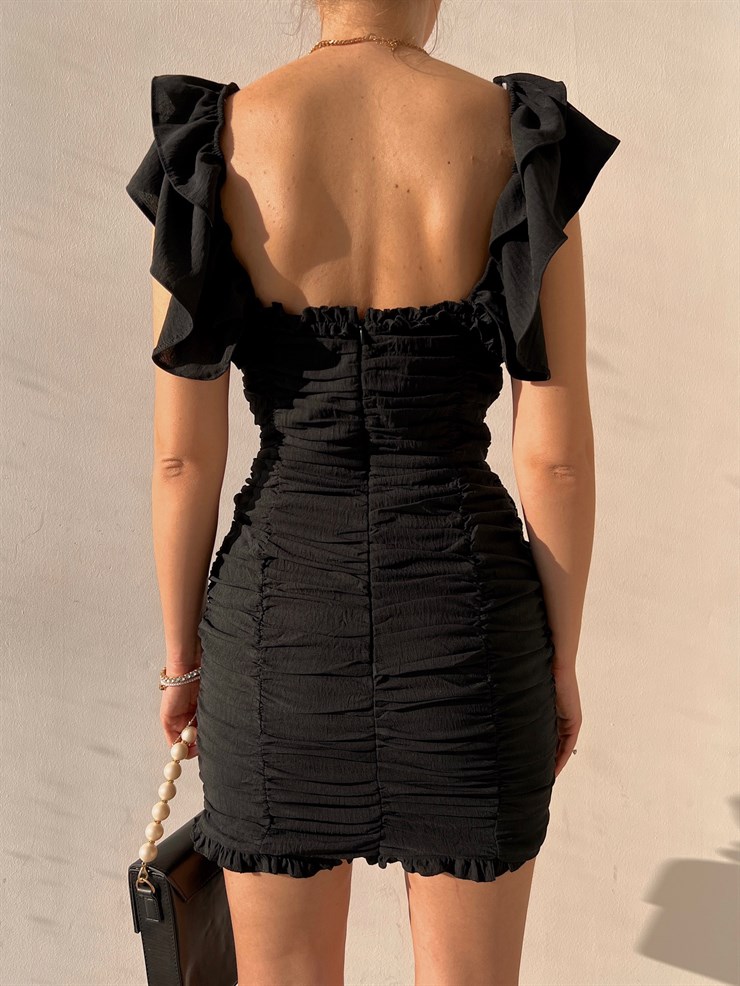 Kolu Fırfırlı Böğüs Bağcıklı Drape Anjali Kadın Siyah Mini Elbise 22K000613