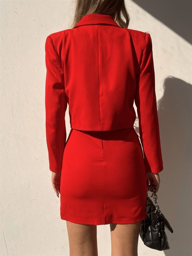Kruvaze Kısa Ceket Mini Etek Brielle Kadın Kırmızı İkili Takım 22K000254