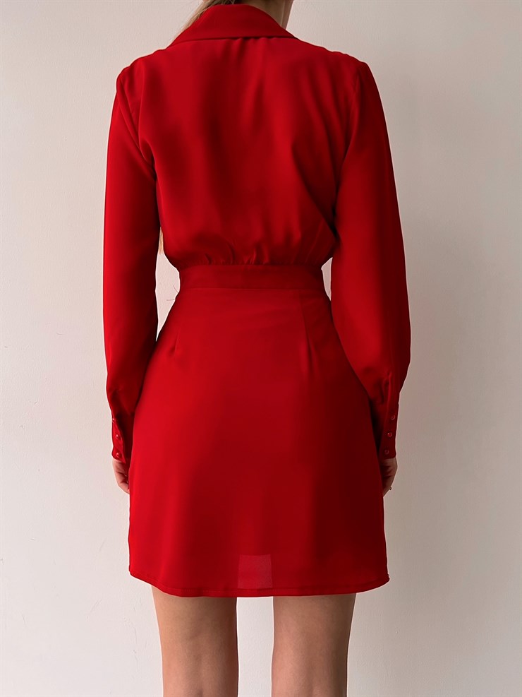 Kruvaze Yanları Zincir Detaylı Cadence Kadın Kırmızı Gömlek Elbise 22Y000037