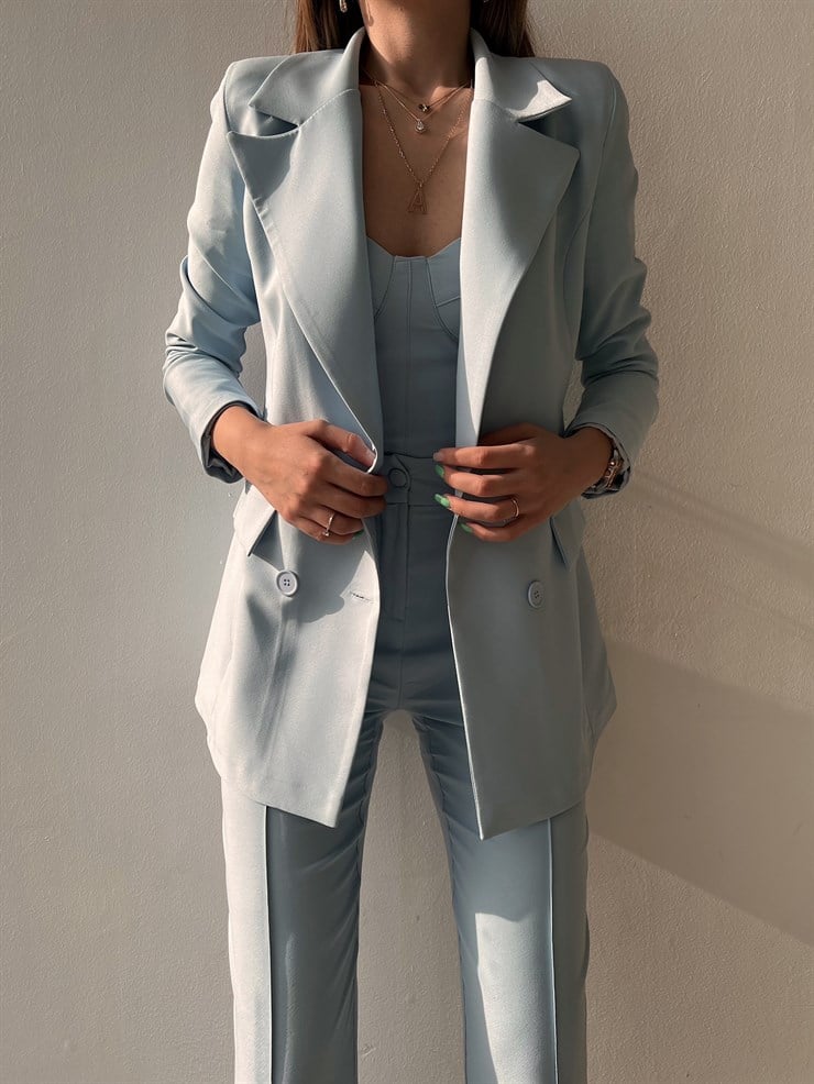 Kuplu Bluz Blazer Ceket & Pantolon Adelisa Kadın Mavi Üçlü Takım 22K000262