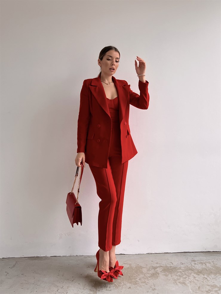 Kuplu Bluz Blazer Ceket & Pantolon Adelisa Kadın Kırmızı Üçlü Takım 22K000262