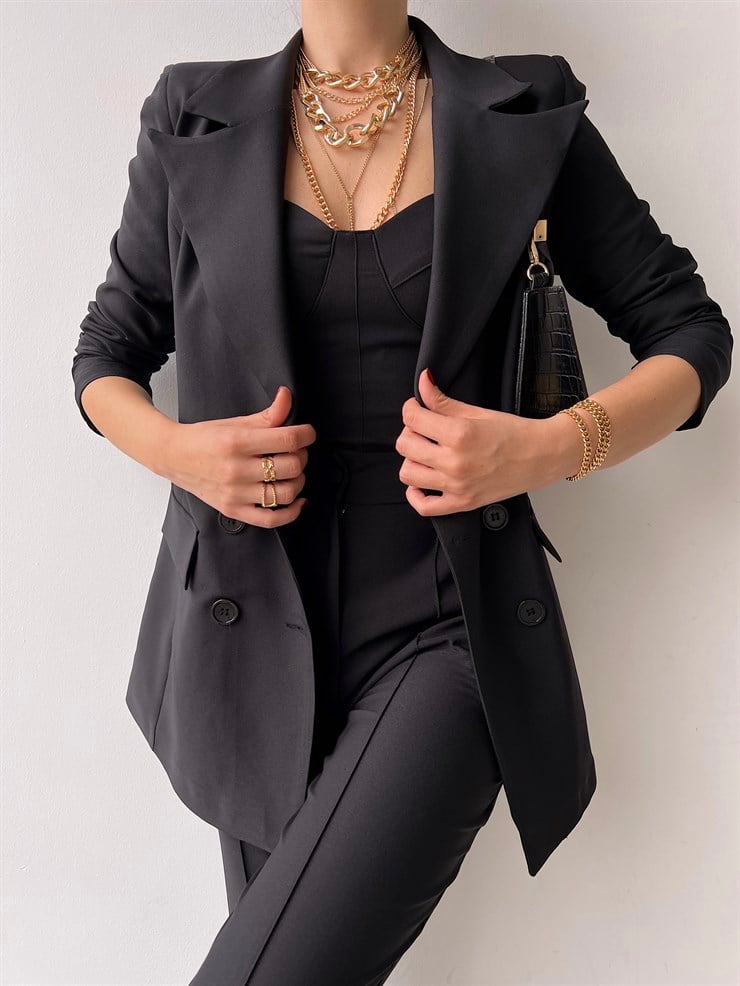 Kuplu Bluz Blazer Ceket & Pantolon Adelisa Kadın Siyah Üçlü Takım 22K000262