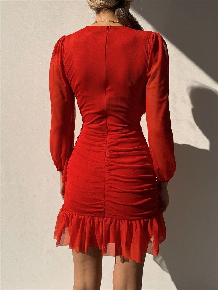 Kuruvaze Yaka Etek ucu Volanlı Şifon Irene Kadın Kırmızı Mini Elbise 22K000130