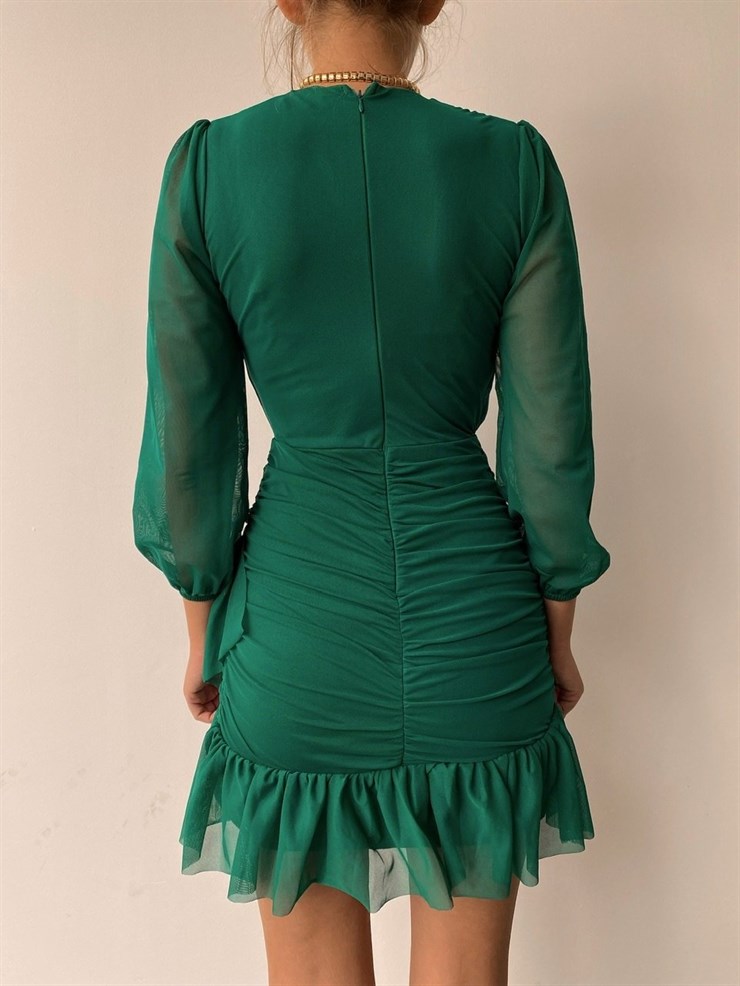 Kuruvaze Yaka Etek ucu Volanlı Şifon Irene Kadın Yeşil Mini Elbise 22K000130