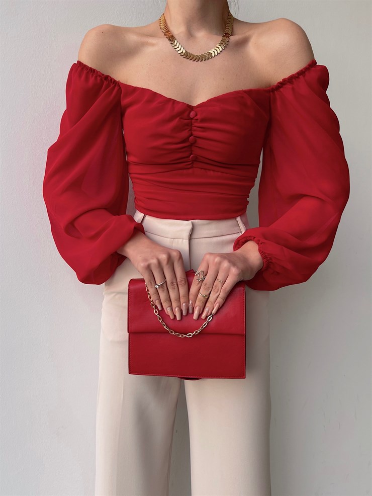 Lastikli Kol Göğüsü Drape Düğme Detay Tyra Kadın Kırmızı Bluz 22K000570