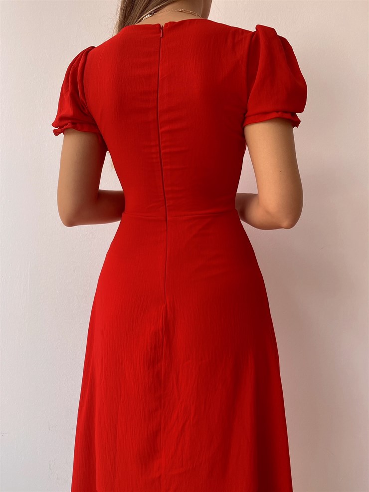 Midi Boy Önden Düğmeli Kadın Kırmızı Elbise 21Y000318