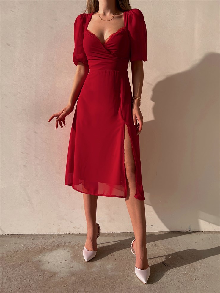 Midi Göğüs Kruvaze İnce Tül Detay Yırtmaçlı Annabel Kadın Kırmızı Elbise 22Y000017