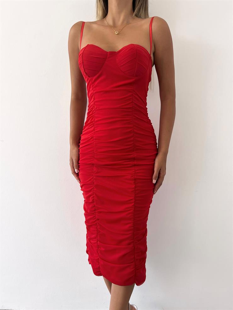 Midi Göğüs Kuplu Büzgülü Mellona Kadın Kırmızı Kalem Elbise 22Y000326