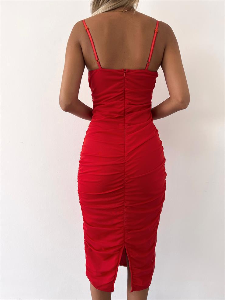 Midi Göğüs Kuplu Büzgülü Mellona Kadın Kırmızı Kalem Elbise 22Y000326