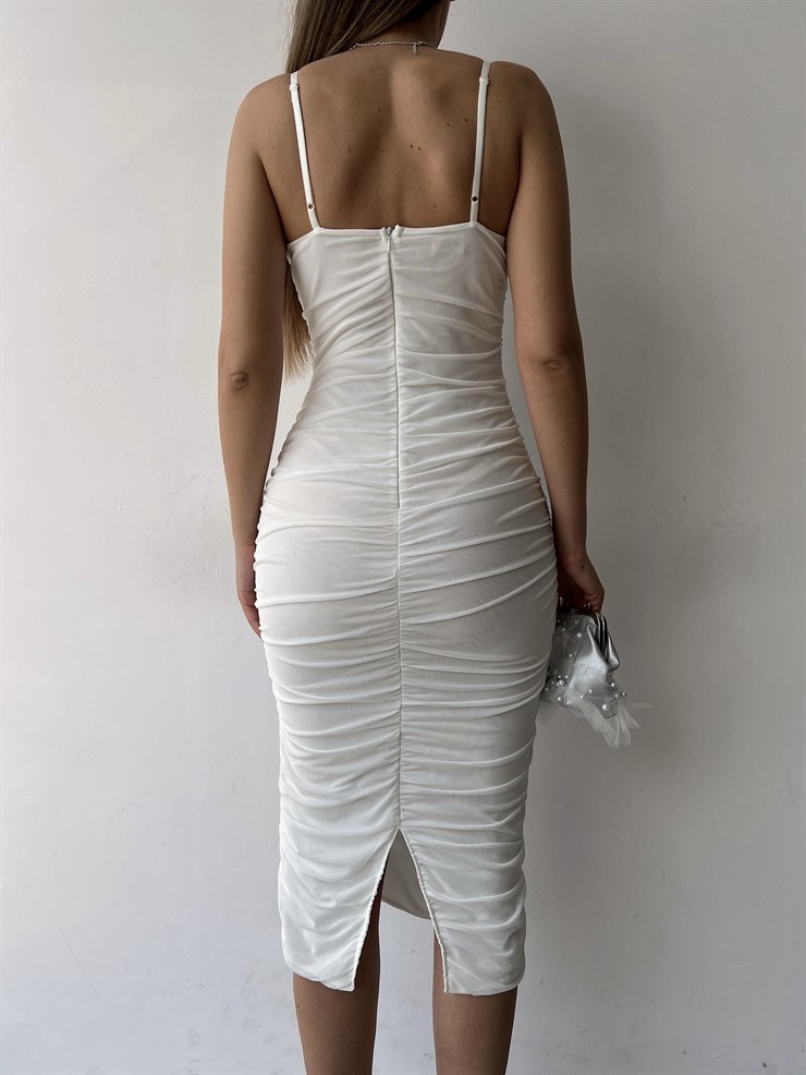 Midi Göğüs Kuplu Büzgülü Mellona Kadın Beyaz Kalem Elbise 22Y000326