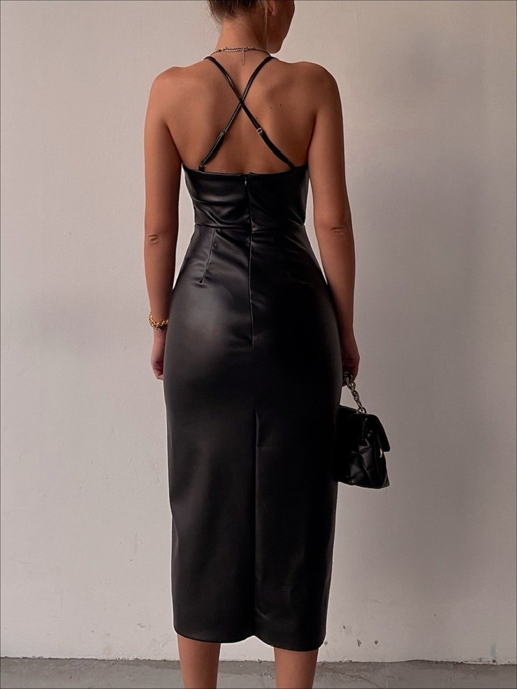 Midi Önden Yırtmaçlı Askılı Alessa Kadın Siyah Deri Elbise 22K000418