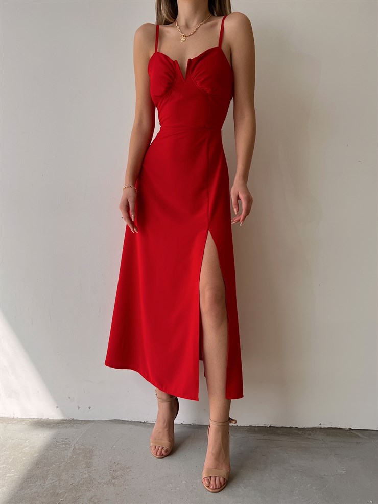 Midi Yandan Yırtmaç İnce Askılı Moreno Kadın Kırmızı Elbise 22Y000012