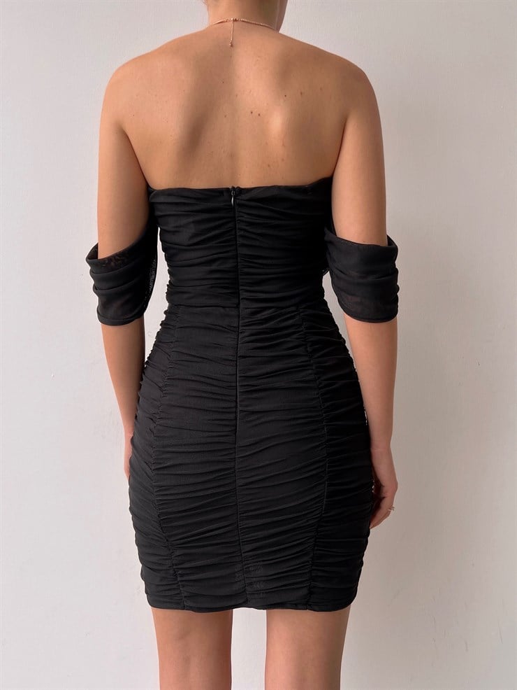 Mini Açık Omuz Drapeli Antonia Kadın Siyah Tül Elbise 22Y000040