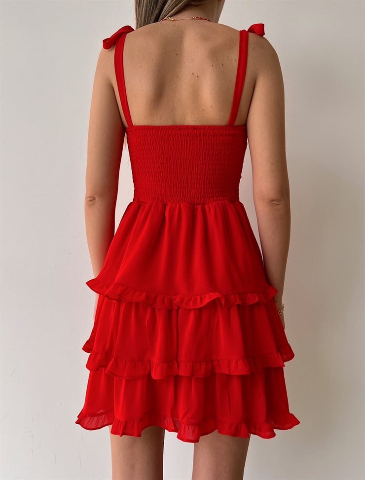 Mini Ayarlanabilir Askı Fırfırlı Grazia Kadın Kırmızı Elbise 22K000536