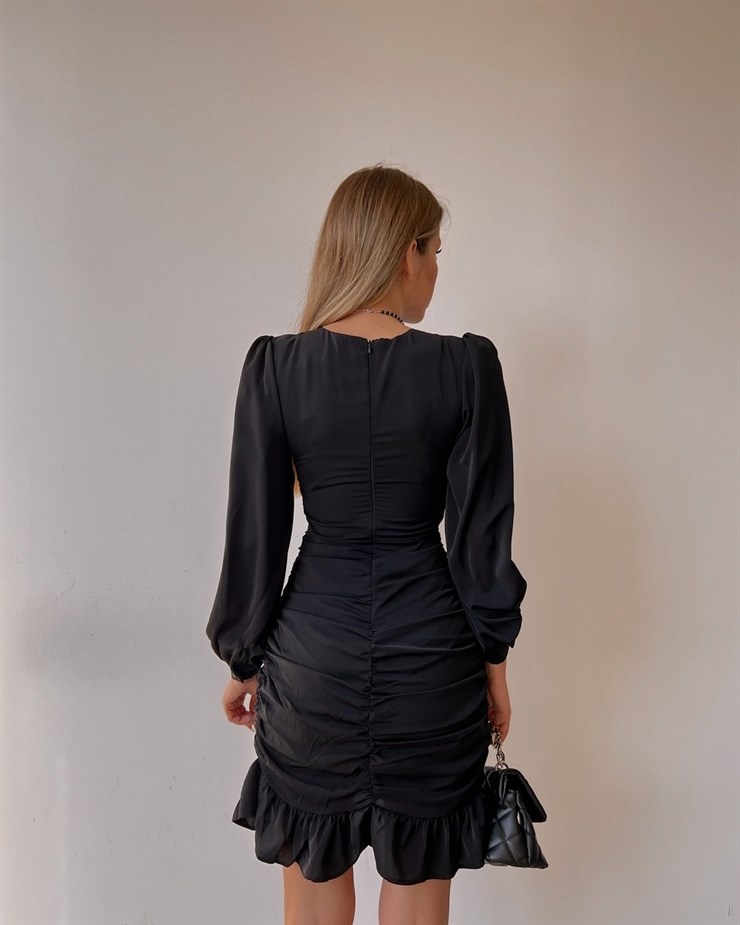 Mini Eteği Volanlı Drapeli Patrice Kadın Siyah Elbise 22K000430