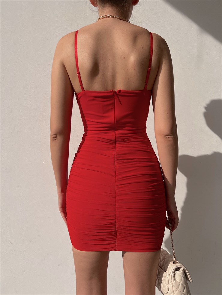 Mini İnce Saten Askı Büzgülü Eva Kadın Kırmızı Tül Elbise 22Y000032
