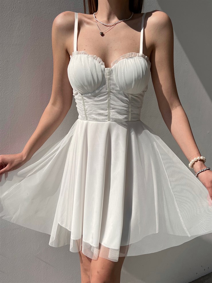 Mini Kiloş Kesim Göğüs Dolgulu İnce Askı  Santos Kadın Beyaz Tül Elbise 22Y000200