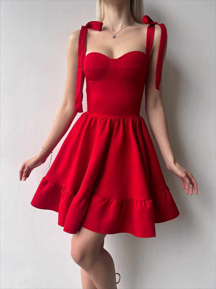 Ayarlanabilir Kalın Askı Eteği Volanlı Mirene Kadın Kırmızı Mini Elbise  23Y000204