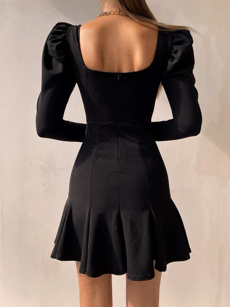 Omzu Pileli Etek Kısmı Volanlı Adelio Kadın Siyah Mini Elbise 21Y000560