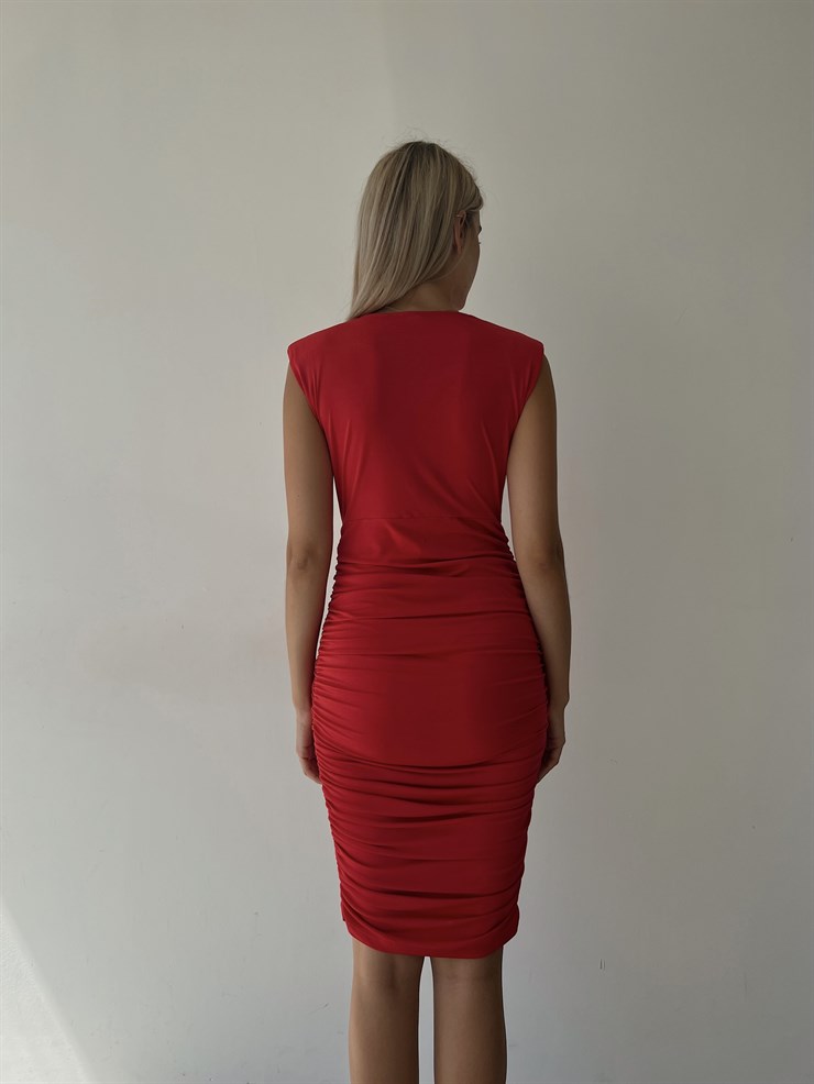 Omzu Vatkalı Drape Detaylı Kadın Kırmızı Midi Elbise 21Y000399