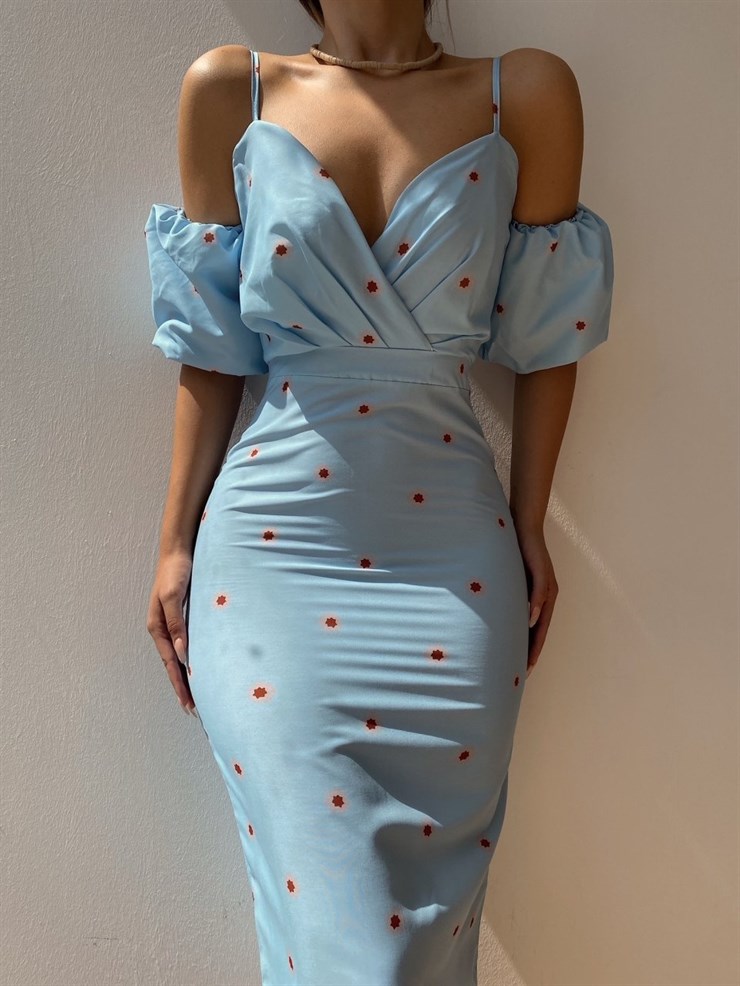 Papatya Desen Yaka Drape Detay Kadın Mavi Midi Elbise 21Y000430