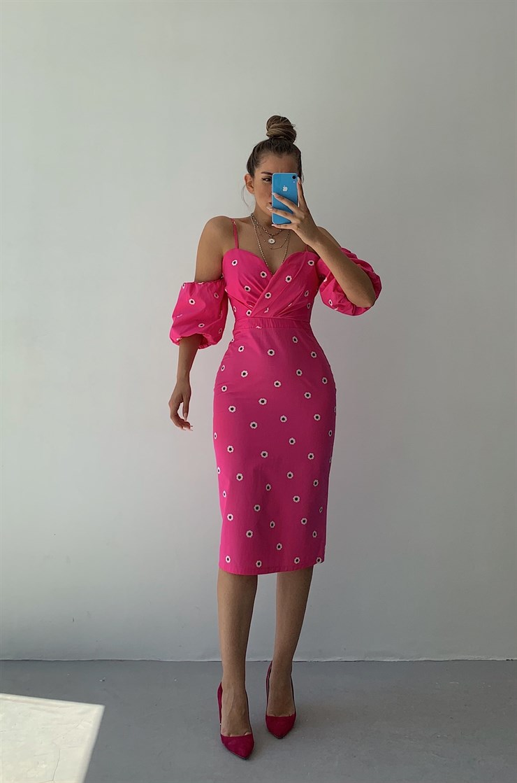 Papatya Desen Yaka Drape Detay Kadın Pembe Midi Elbise 21Y000430