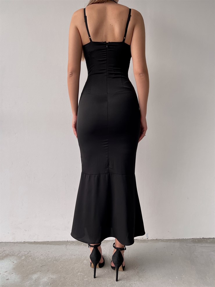 Saten Boydan Düğme Detay İnce Askılı Amina Kadın Siyah Elbise 22K000621