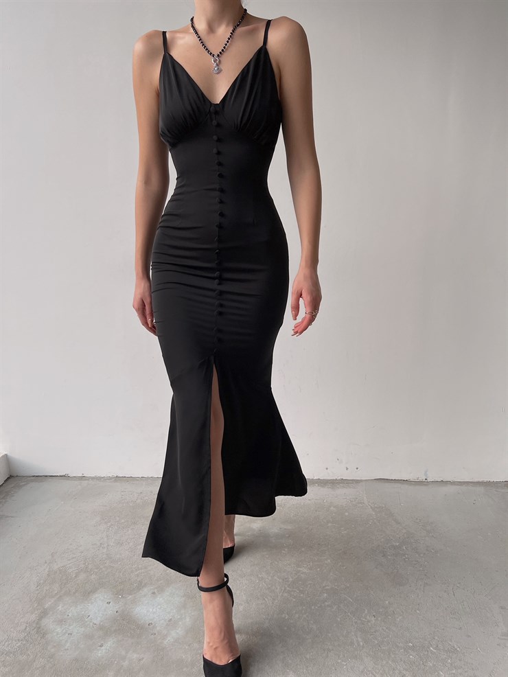 Saten Boydan Düğme Detay İnce Askılı Amina Kadın Siyah Elbise 22K000621